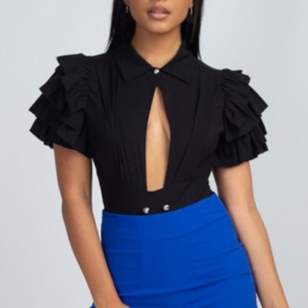 Black Cutout Ruffle Sleeve Bodysuit – High Neck Statement Party Top